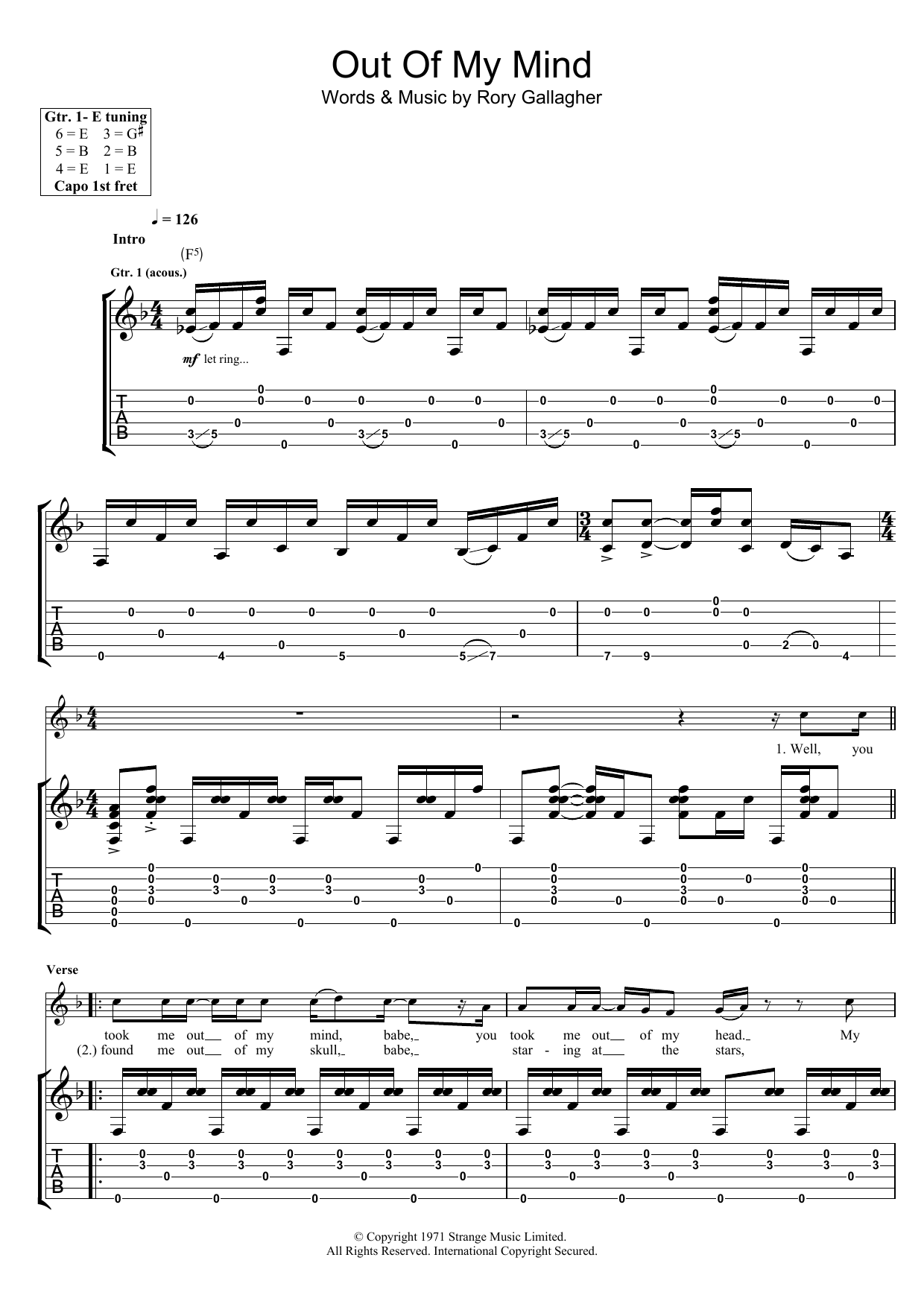 Rory Gallagher Out Of My Mind Sheet Music