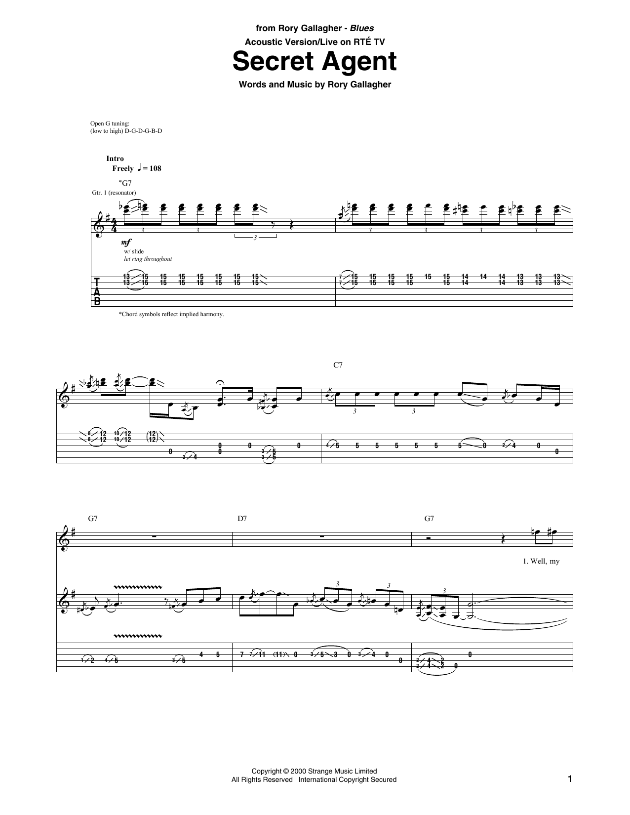Rory Gallagher Secret Agent Sheet Music