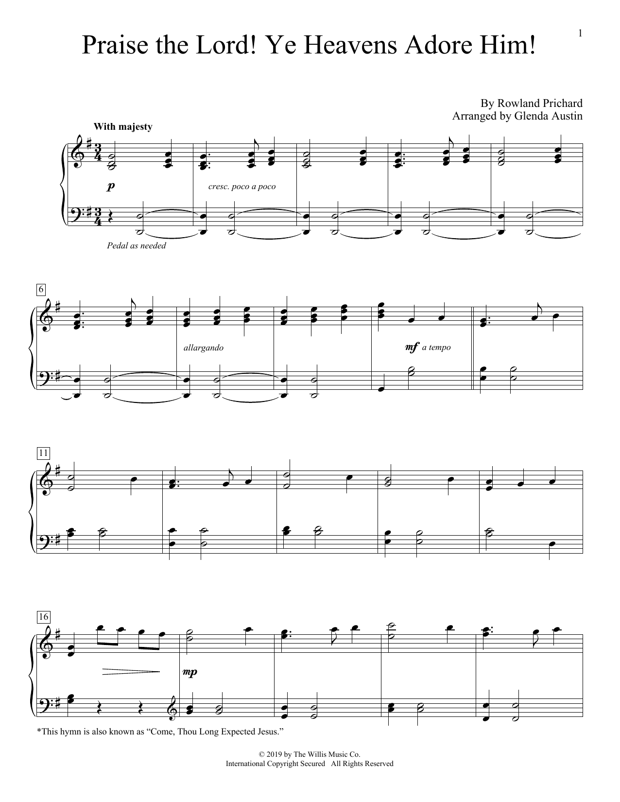 Rowland Prichard Praise The Lord! Ye Heavens Adore Him! (arr. Glenda Austin) Sheet Music