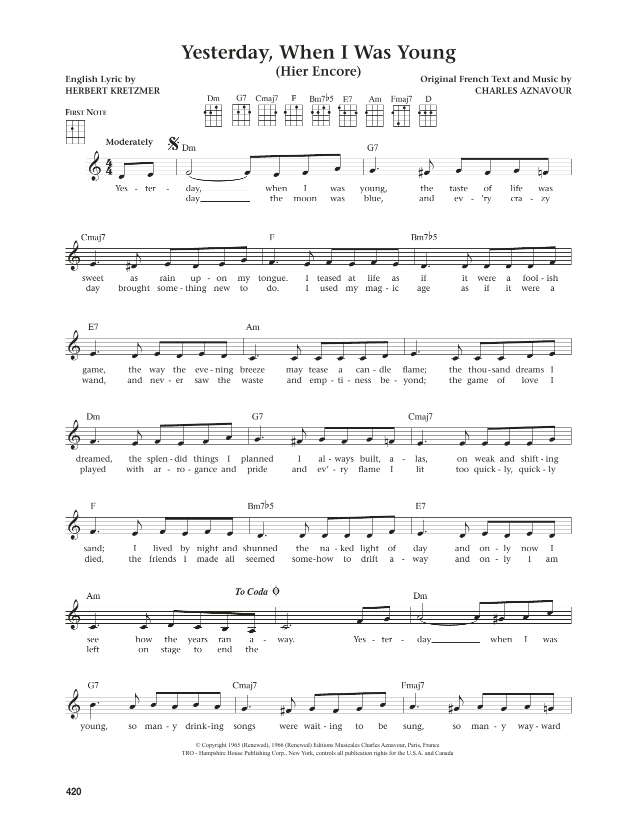 Roy Clark Yesterday, When I Was Young (Hier Encore) (from The Daily Ukulele) (arr. Jim Bel Sheet Music
