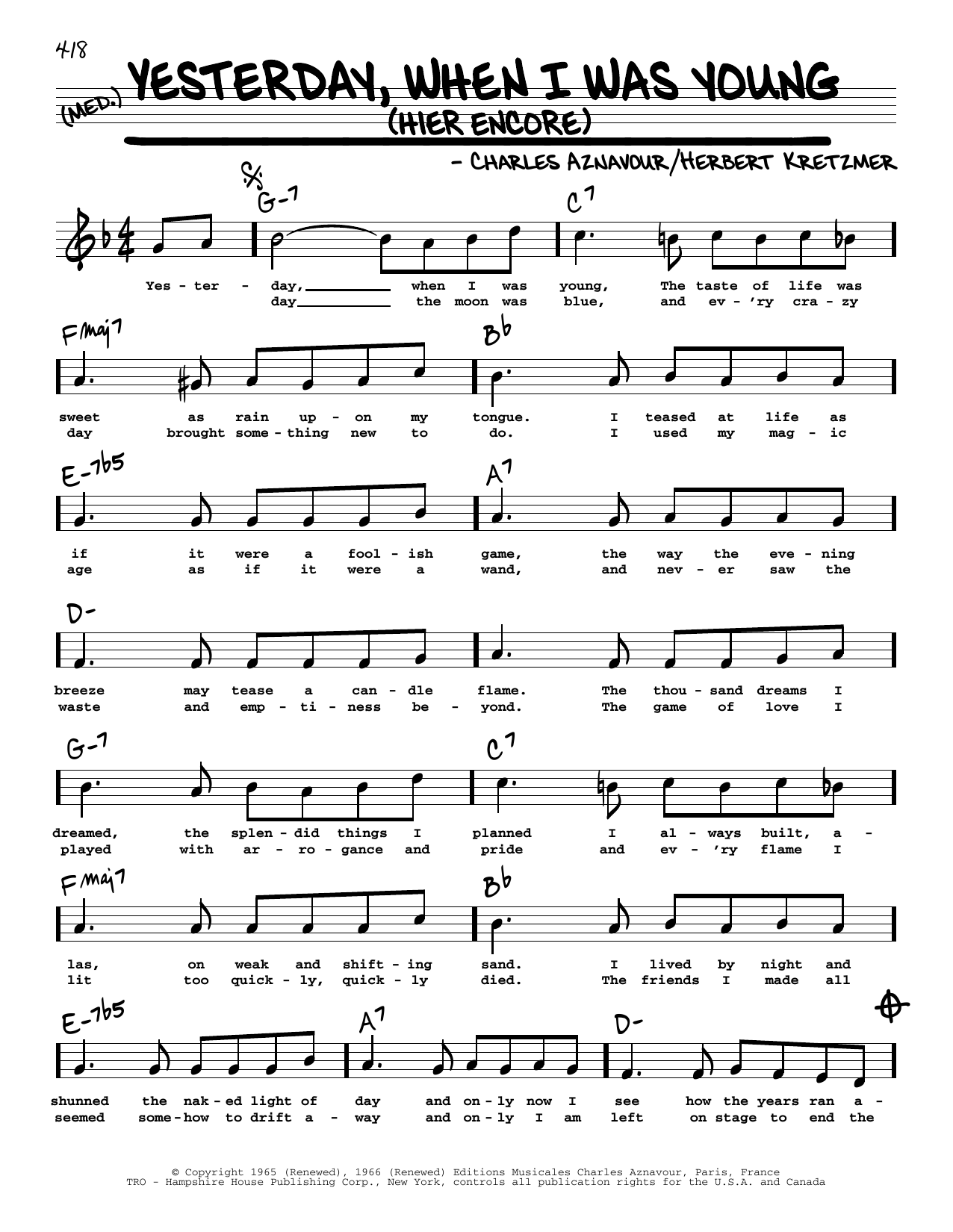 Roy Clark Yesterday, When I Was Young (Hier Encore) (High Voice) Sheet Music