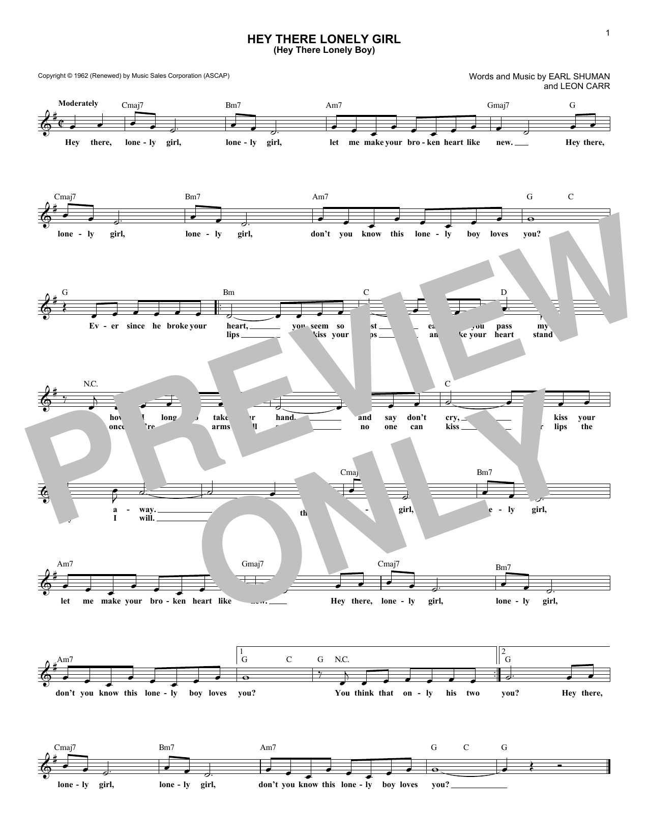 Ruby & The Romantics Hey There Lonely Girl (Hey There Lonely Boy) Sheet Music
