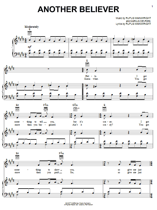Rufus Wainwright Another Believer Sheet Music