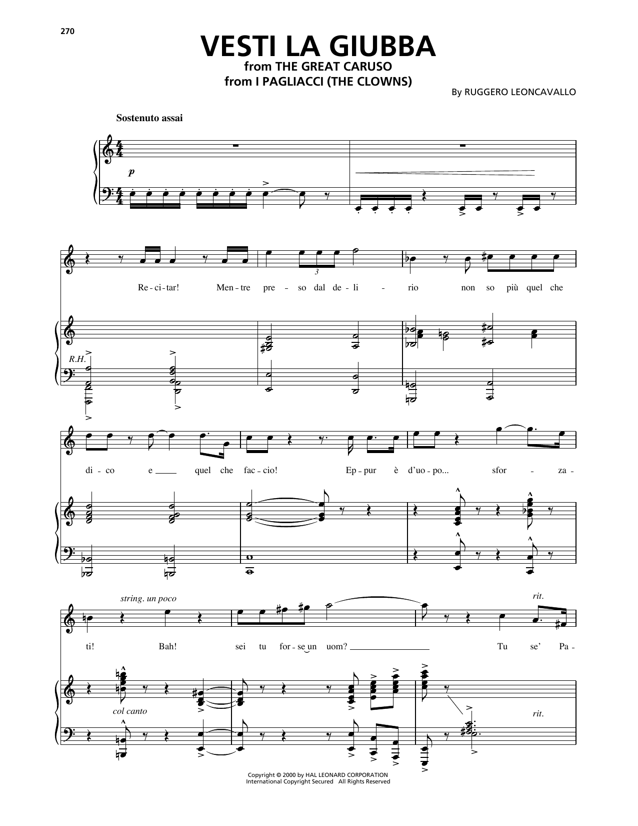 Ruggero Leoncavallo Vesti La Giubba Sheet Music