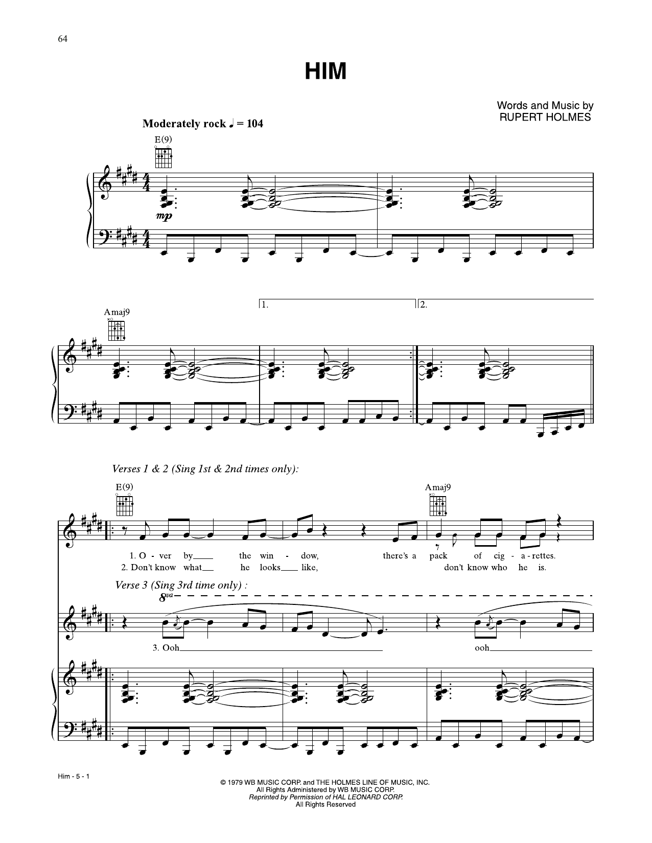 Rupert Holmes Him Sheet Music