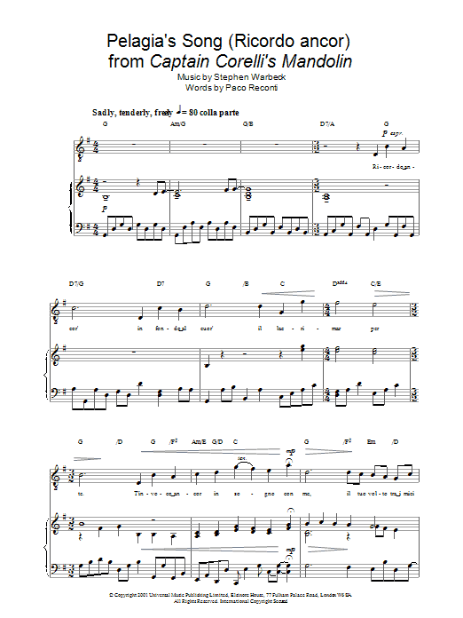 Russell Watson Pelagia's Song (Ricordo ancor) from Captain Corelli's Mandolin Sheet Music