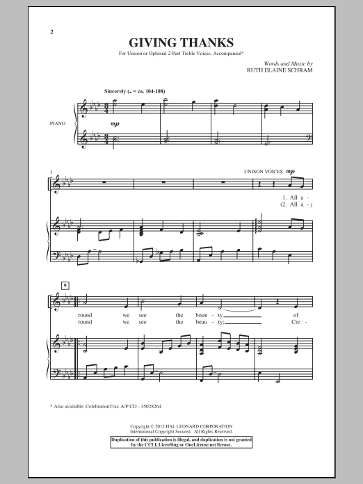 Ruth Elaine Schram Giving Thanks Sheet Music