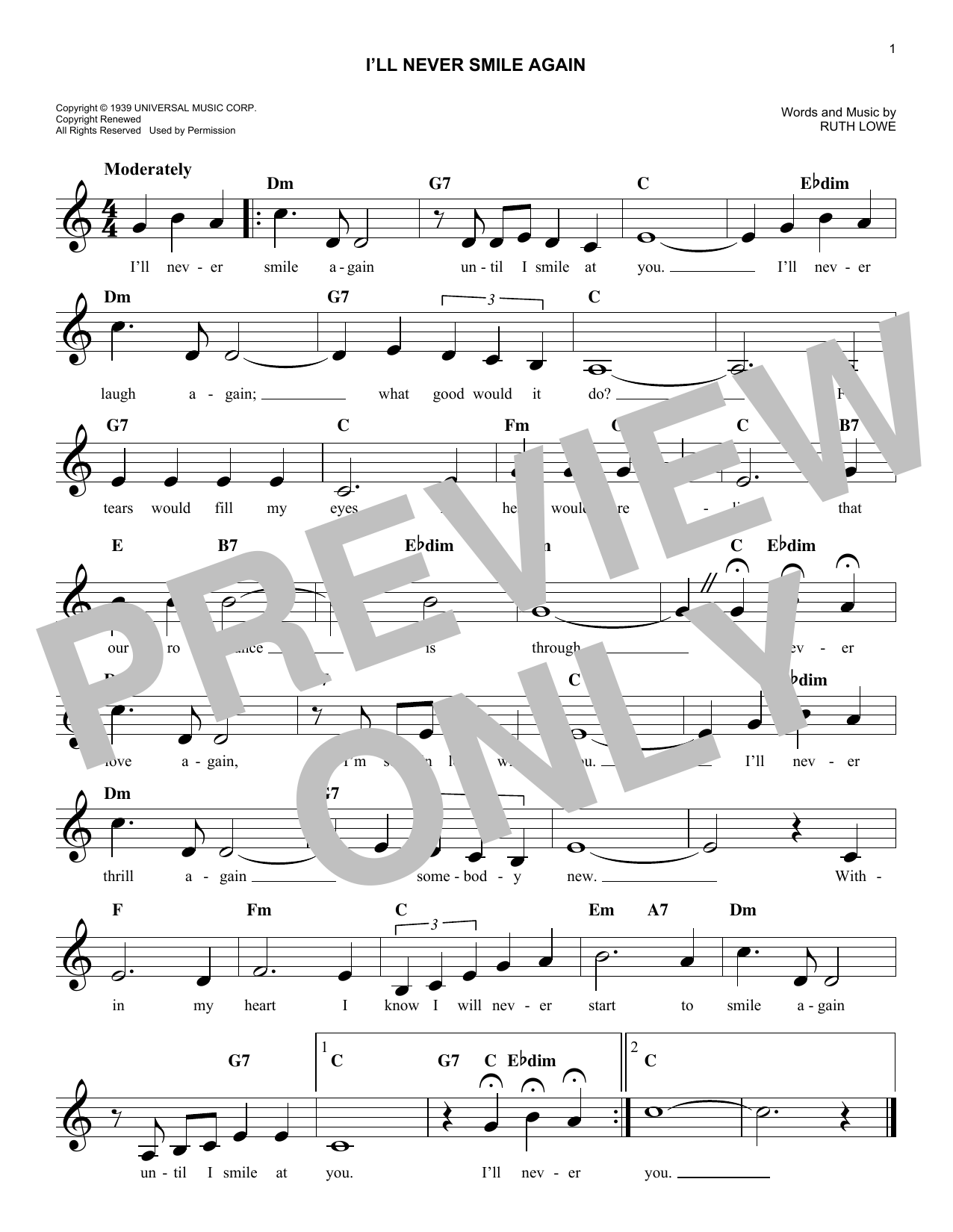 Ruth Lowe I'll Never Smile Again Sheet Music