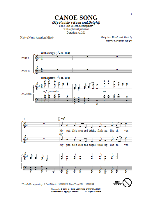 Ruth Morris Gray Canoe Song Sheet Music
