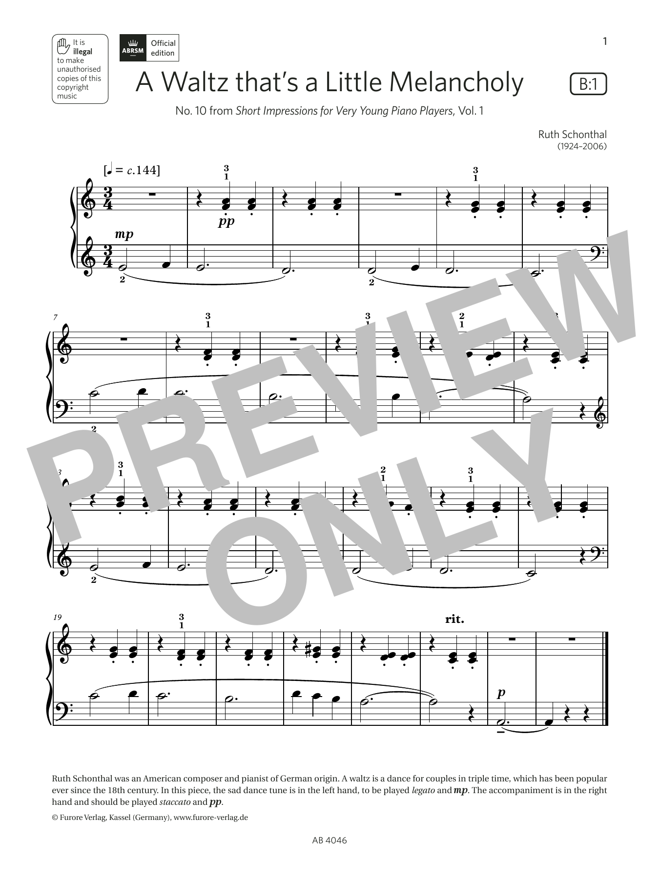 Ruth Schonthal A Waltz thats a Little Melancholy (Grade Initial, list B1, from ABRSM Piano Syll Sheet Music