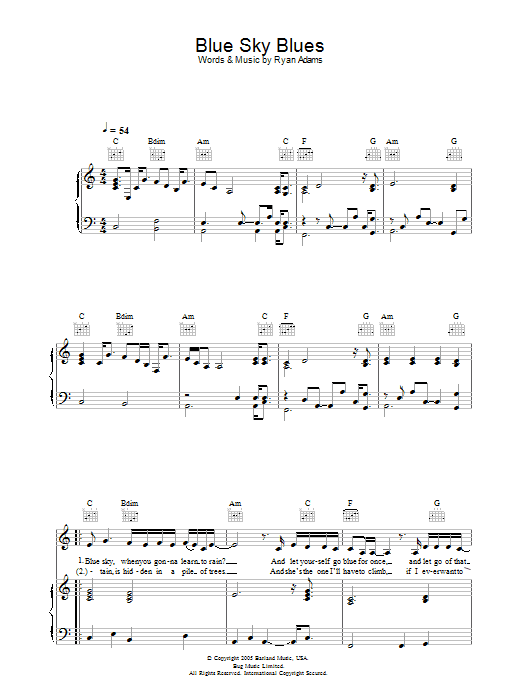 Ryan Adams Blue Sky Blues Sheet Music