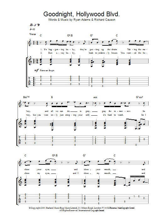 Ryan Adams Goodnight, Hollywood Blvd Sheet Music