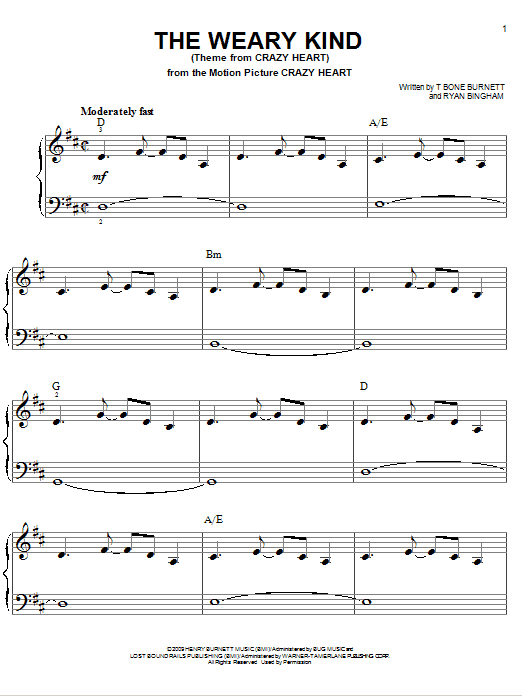 Ryan Bingham The Weary Kind Sheet Music