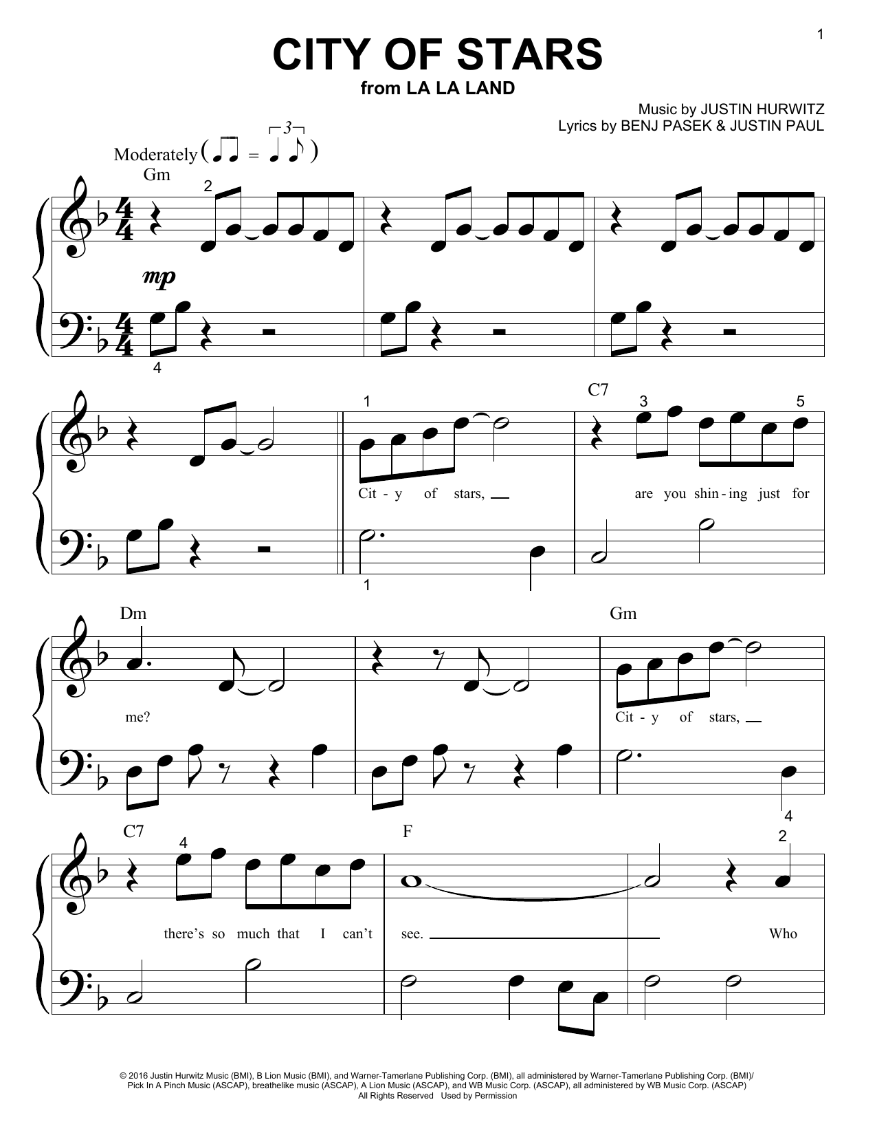 Ryan Gosling & Emma Stone City Of Stars Sheet Music