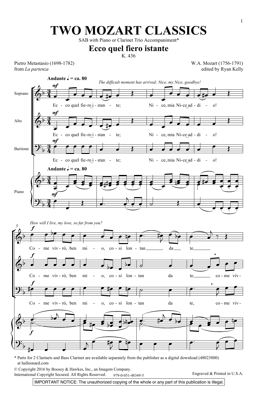 Ryan Kelly Two Mozart Classics Sheet Music