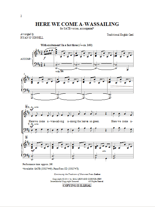 Ryan O'Connell Here We Come A-Wassailing Sheet Music