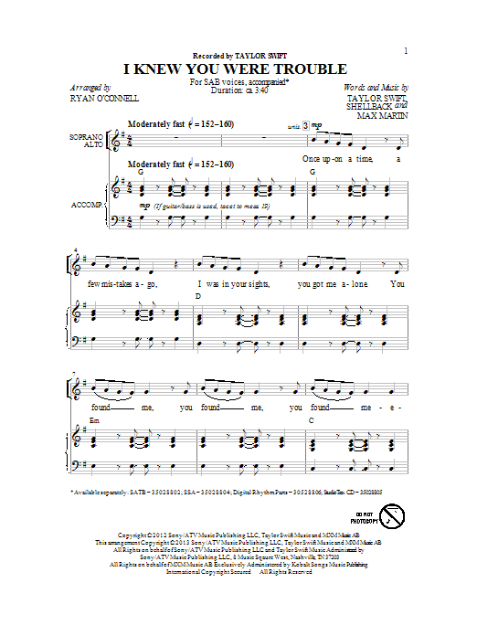Ryan O'Connell I Knew You Were Trouble. Sheet Music