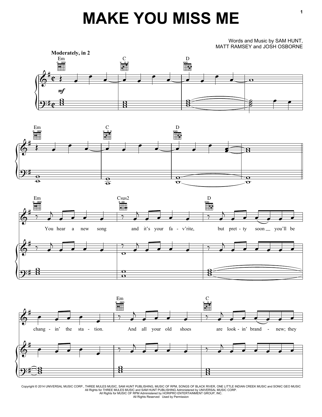 Sam Hunt Make You Miss Me Sheet Music