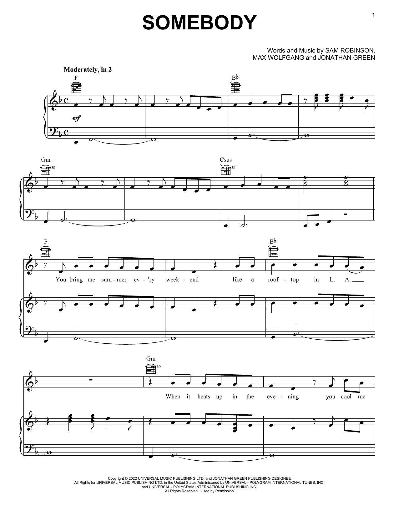 Sam Ryder Somebody Sheet Music