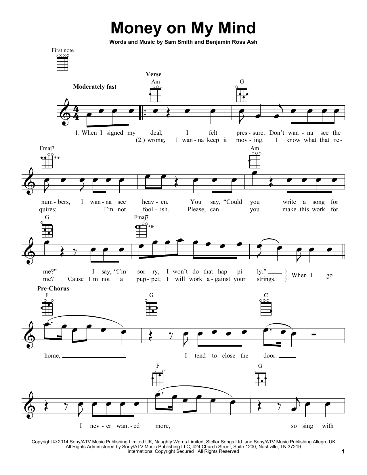 Sam Smith Money On My Mind Sheet Music