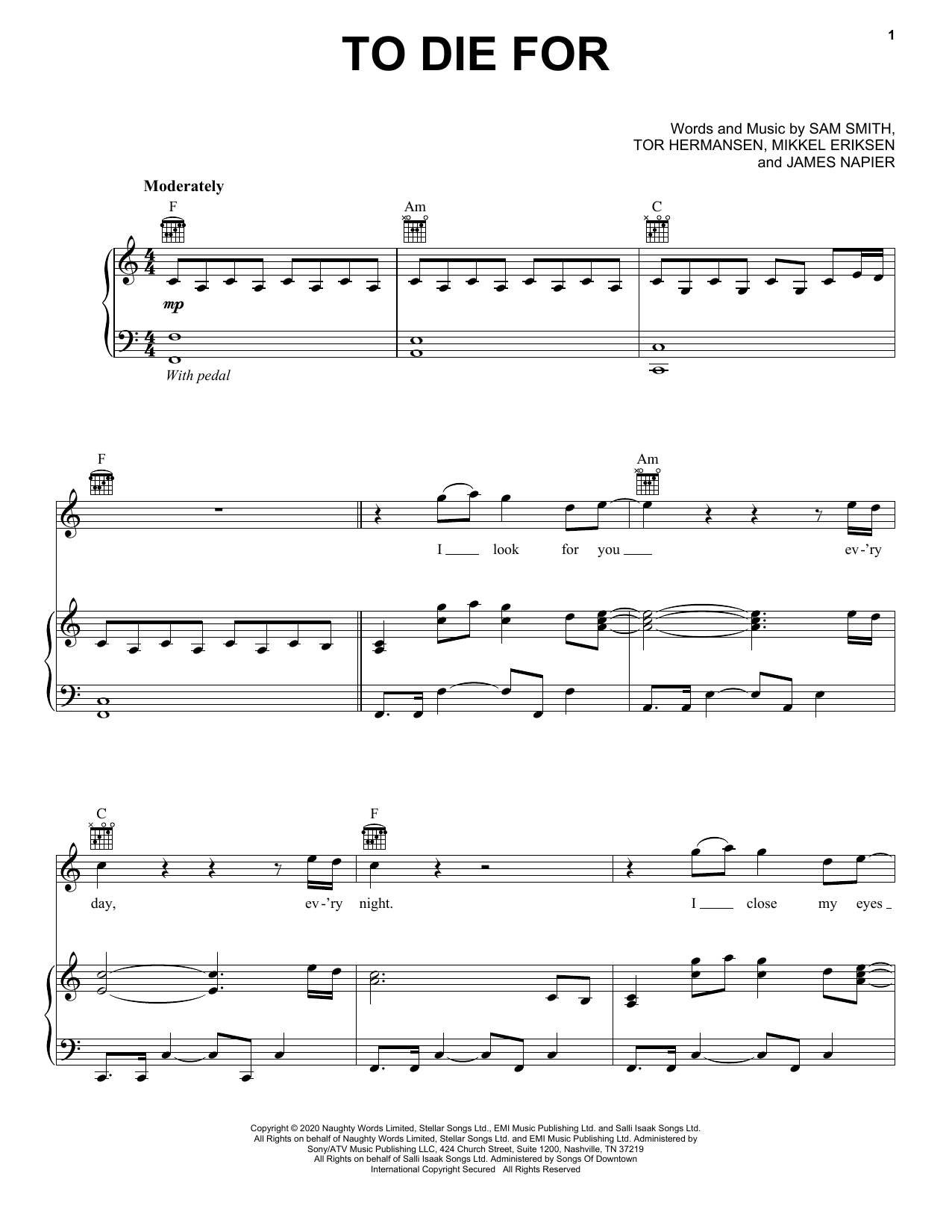 Sam Smith To Die For Sheet Music