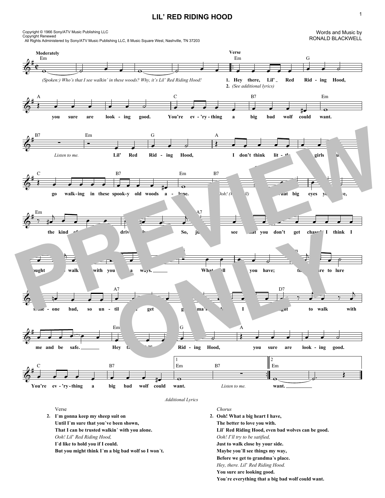 Sam The Sham & The Pharoahs Lil' Red Riding Hood Sheet Music