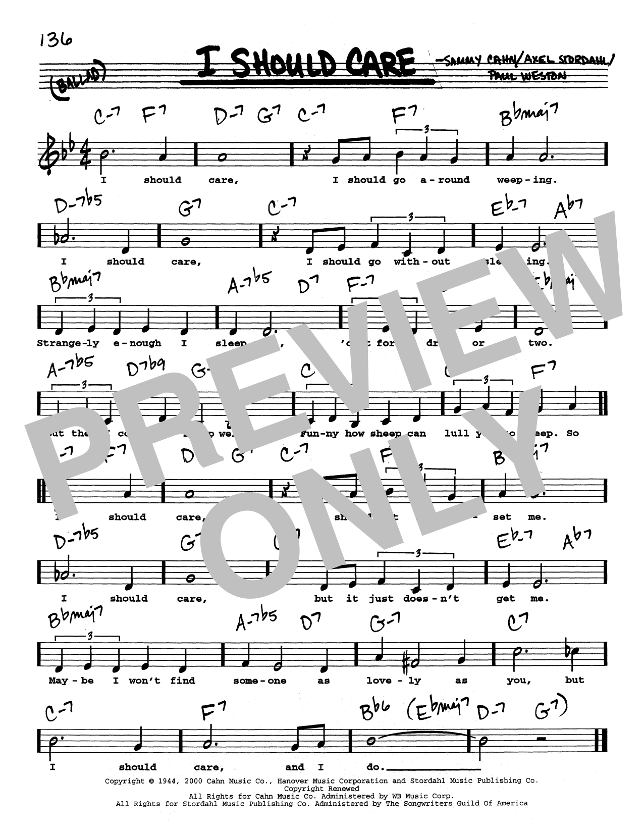 Sammy Cahn I Should Care (Low Voice) Sheet Music