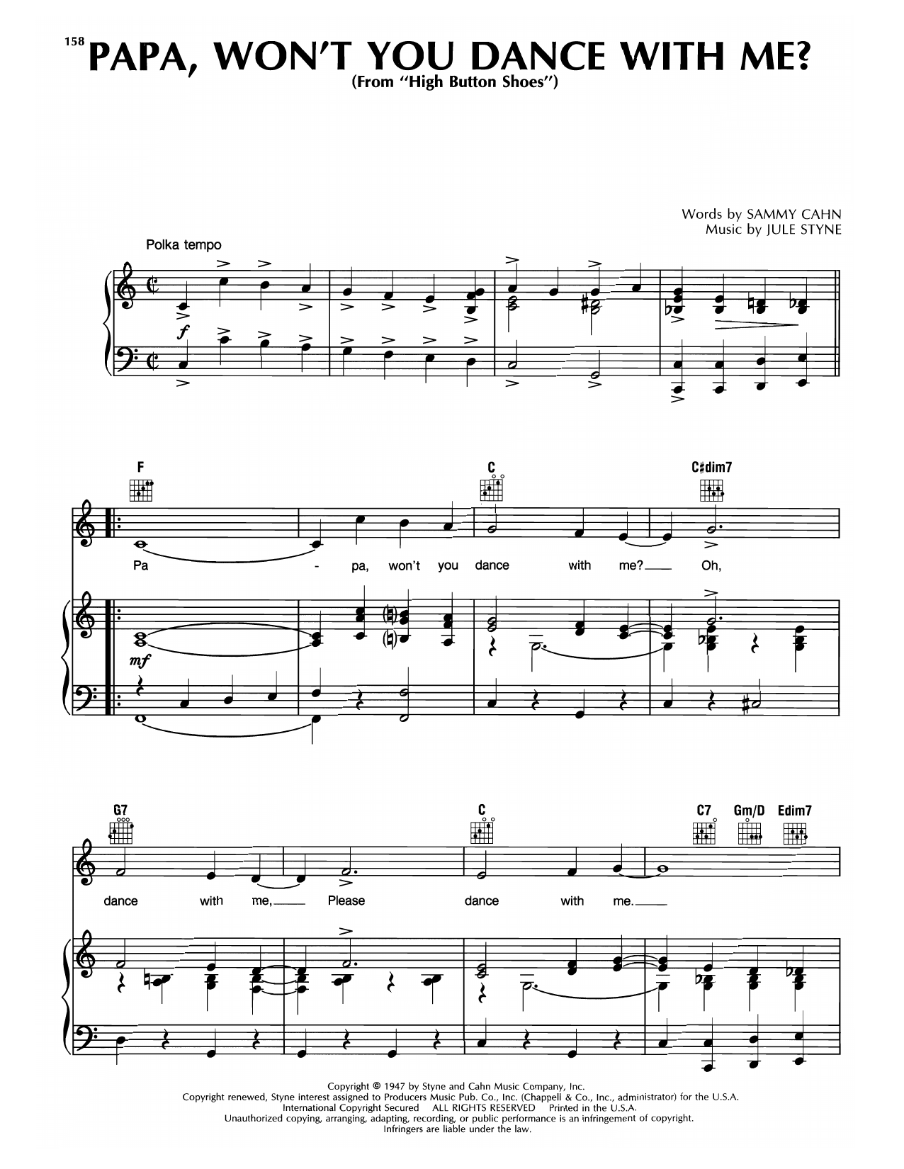 Sammy Cahn & Jule Styne Papa, Won't You Dance With Me? (from High Button Shoes) Sheet Music