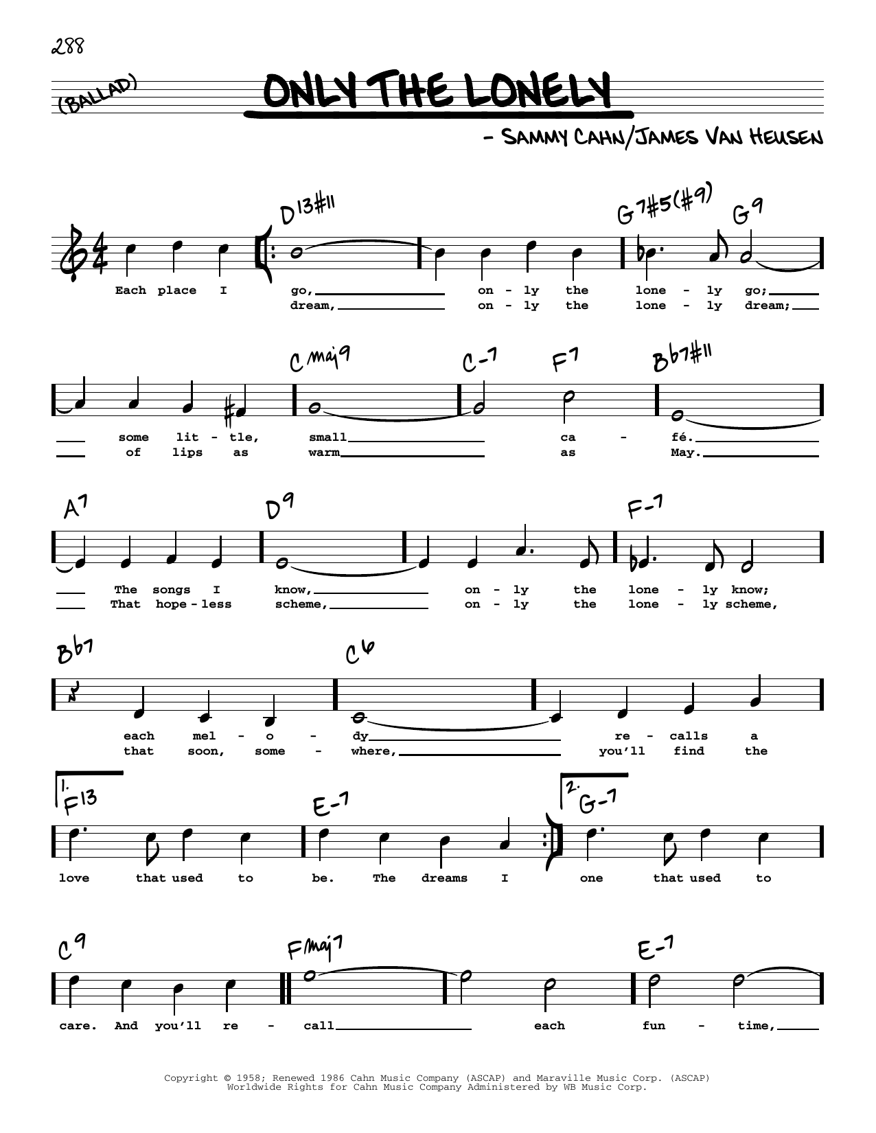 Sammy Cahn Only The Lonely (High Voice) Sheet Music