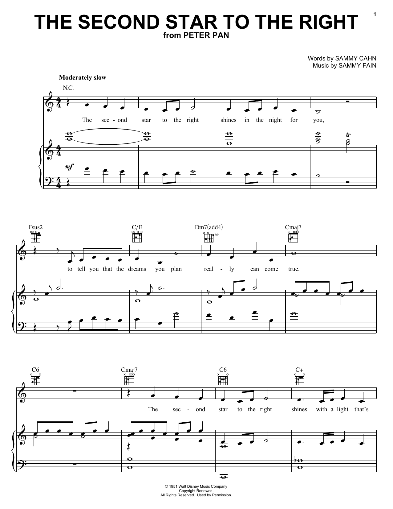 Sammy Cahn & Sammy Fain The Second Star To The Right (from Return To Neverland) Sheet Music