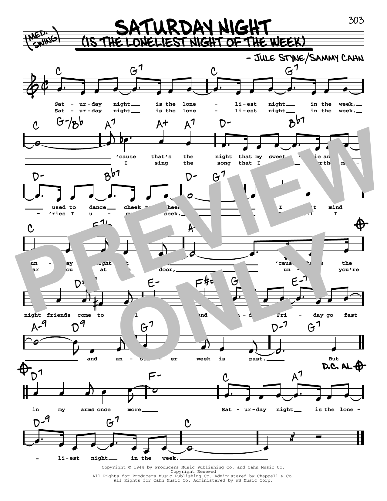 Sammy Cahn Saturday Night (Is The Loneliest Night Of The Week) (Low Voice) Sheet Music