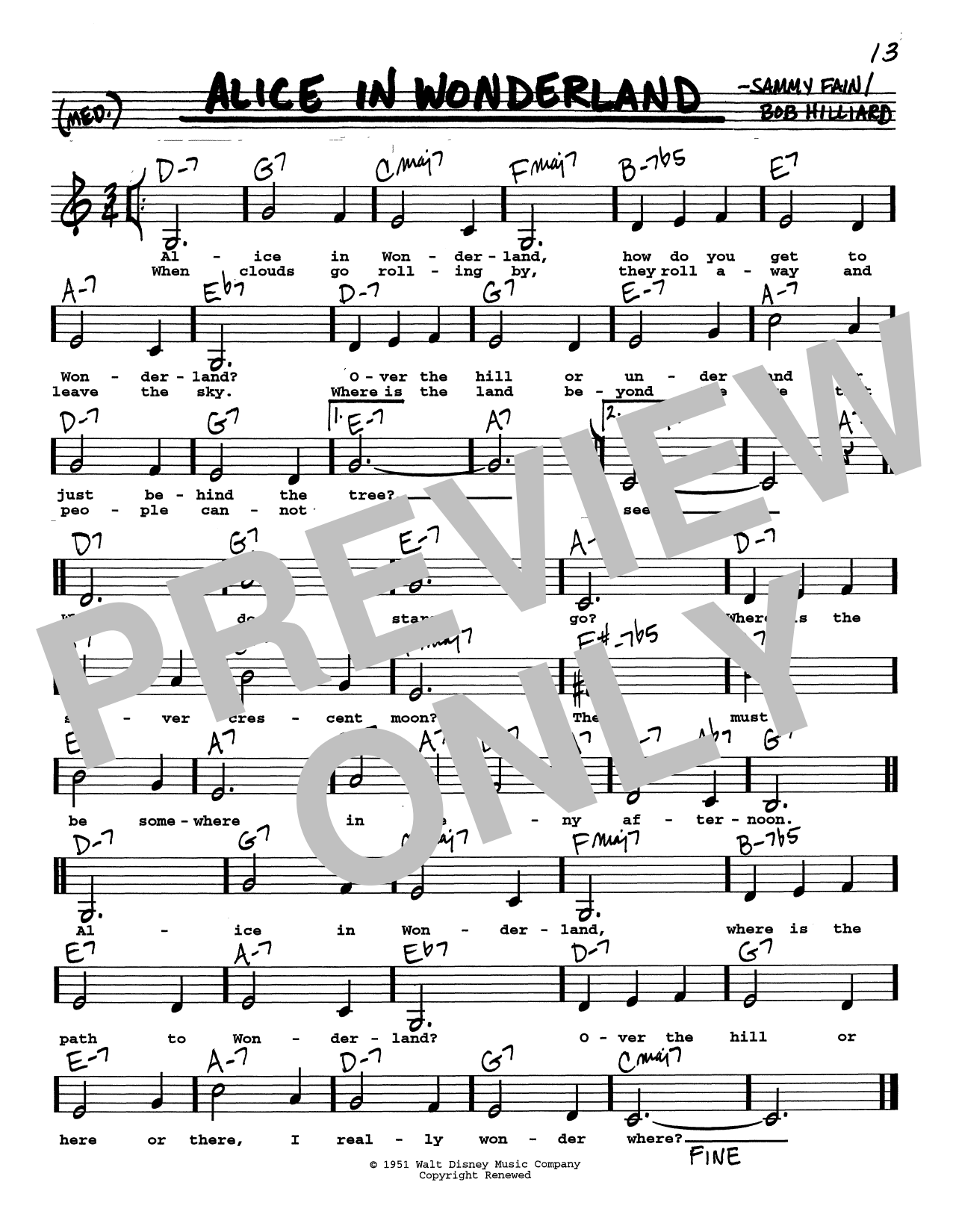 Sammy Fain Alice In Wonderland (Low Voice) Sheet Music