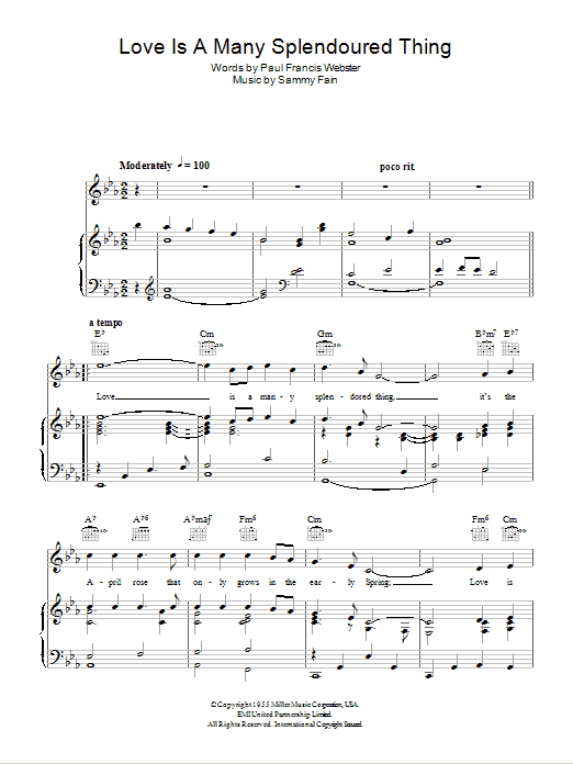 Sammy Fain Love Is A Many Splendoured Thing Sheet Music