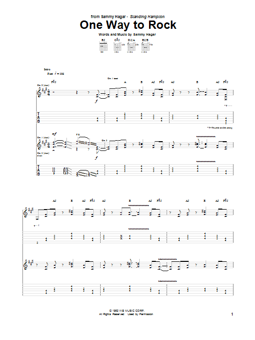 Sammy Hagar One Way To Rock Sheet Music