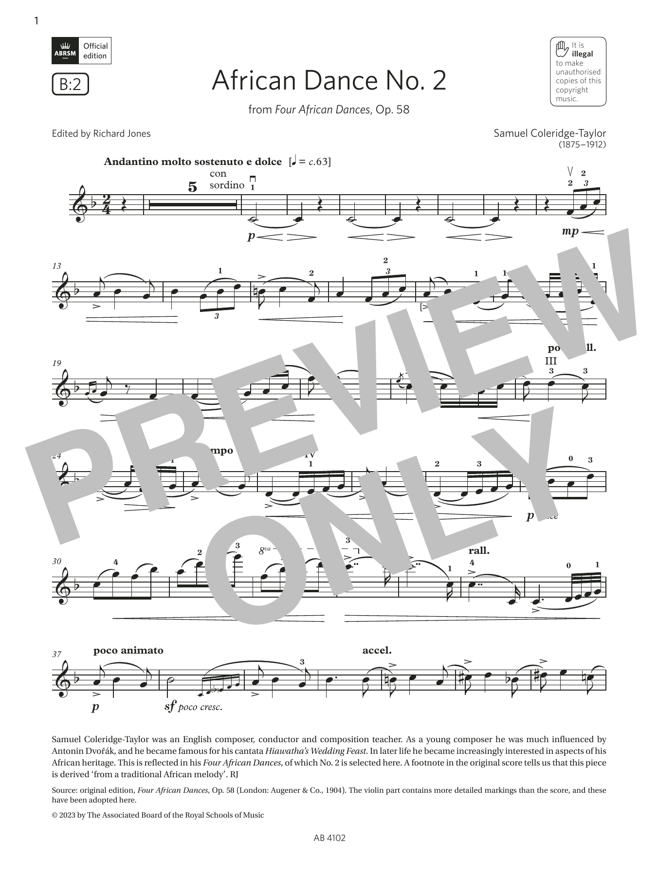 Samuel Coleridge-Taylor African Dance No. 2 (Grade 8, B2, from the ABRSM Violin Syllabus from 2024) Sheet Music