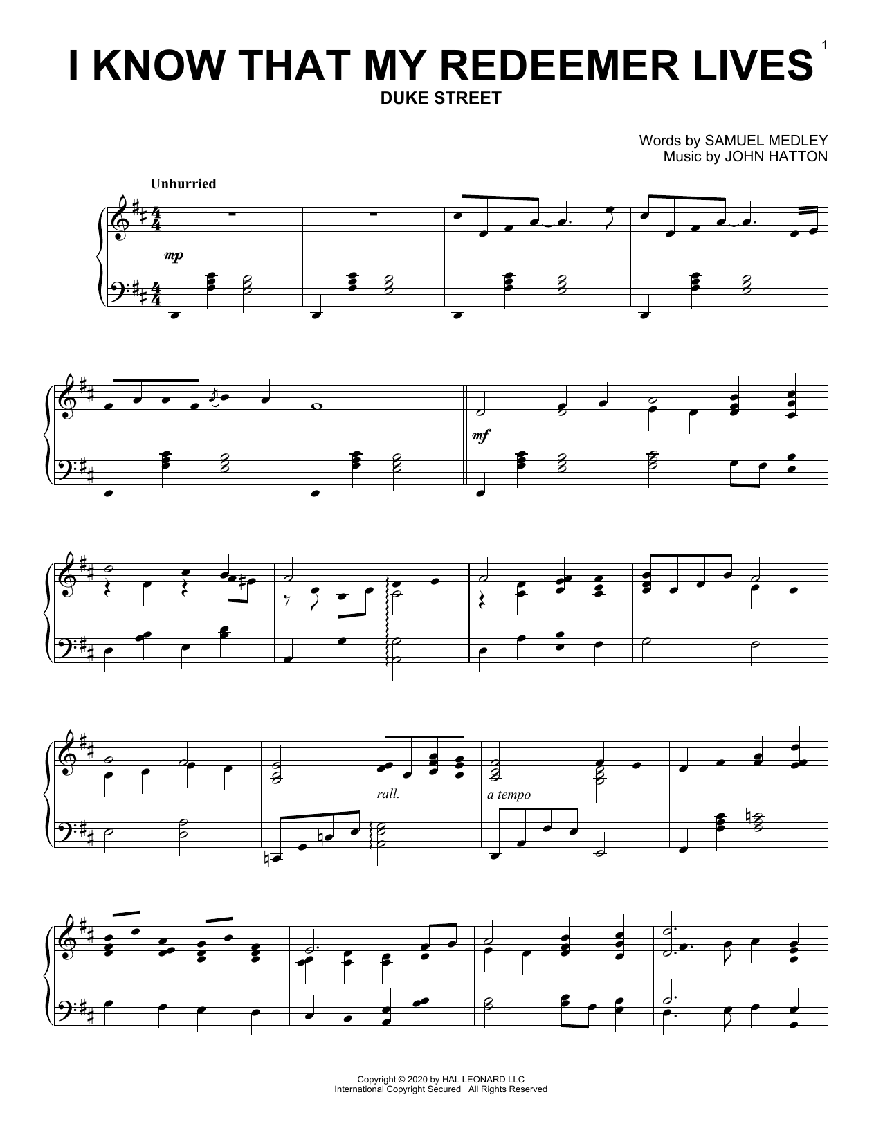 Samuel Medley and John Hatton I Know That My Redeemer Lives Sheet Music