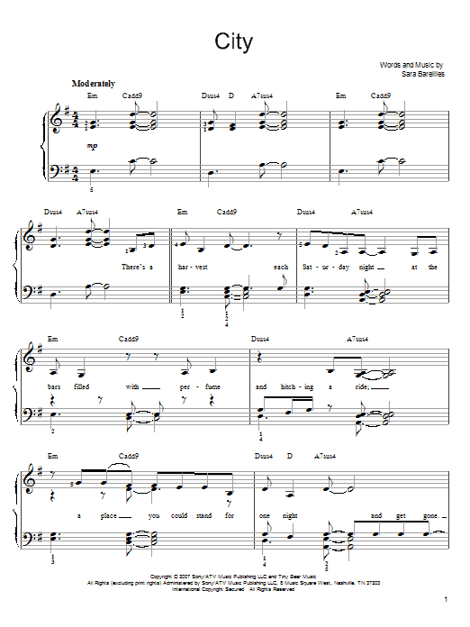Sara Bareilles City Sheet Music
