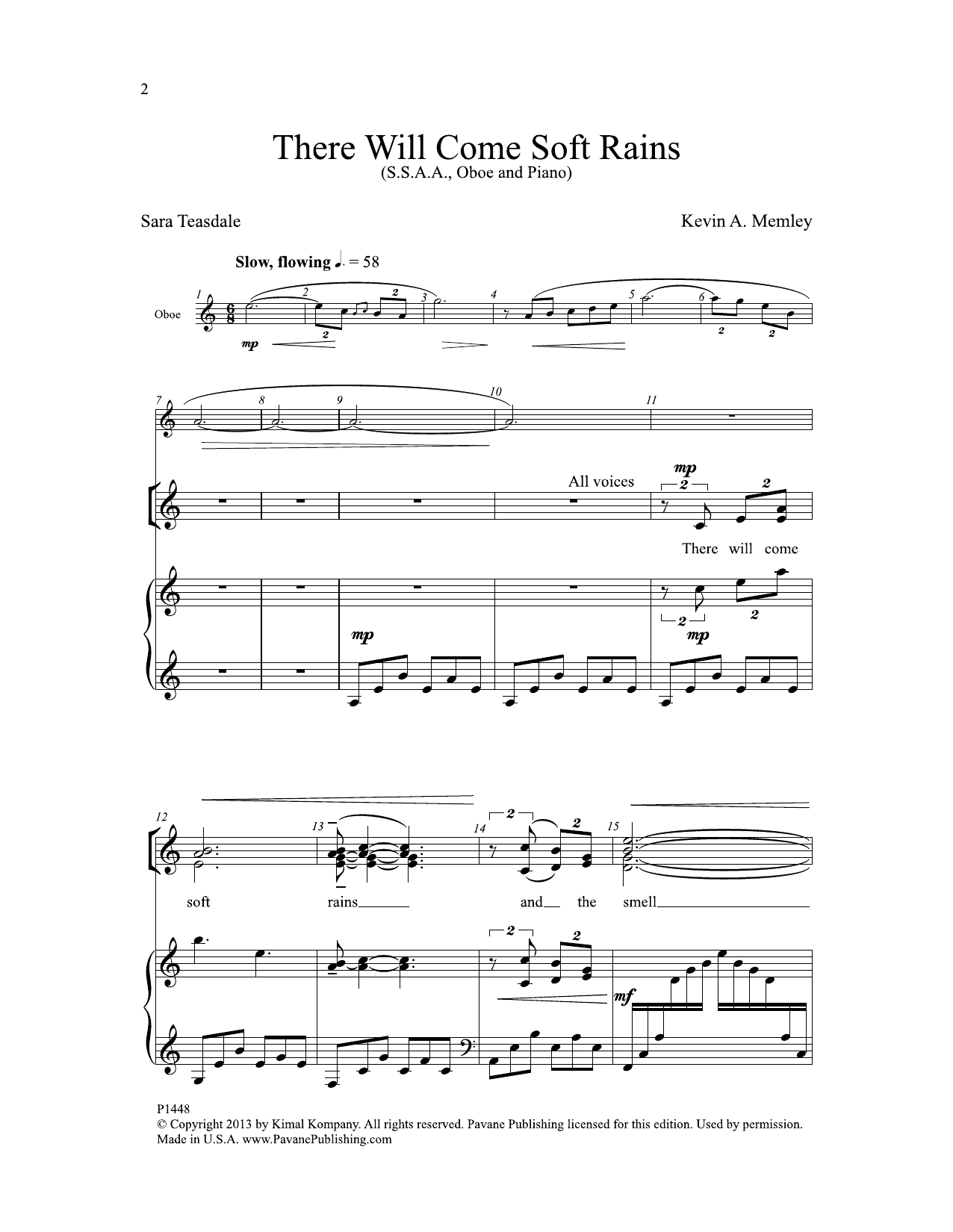Sara Teasdale There Will Come Soft Rains (of War) Sheet Music