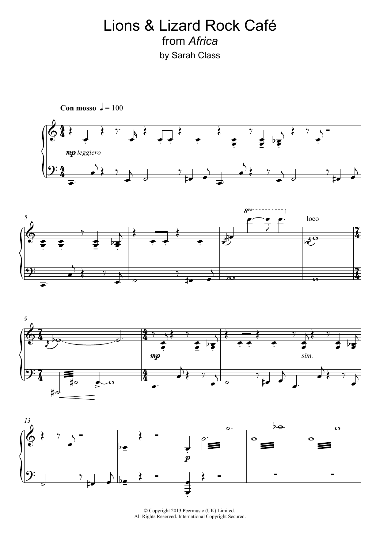 Sarah Class Lions & Lizards Rock Café Sheet Music