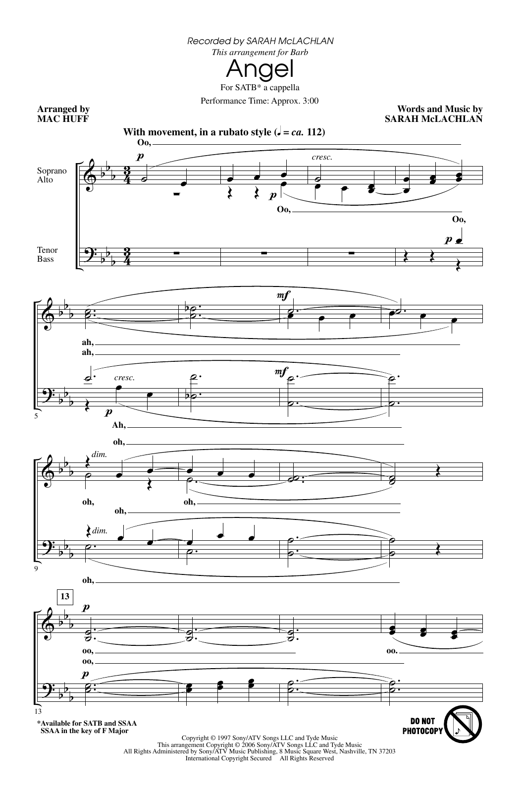 Sarah McLachlan Angel (arr. Mac Huff) Sheet Music