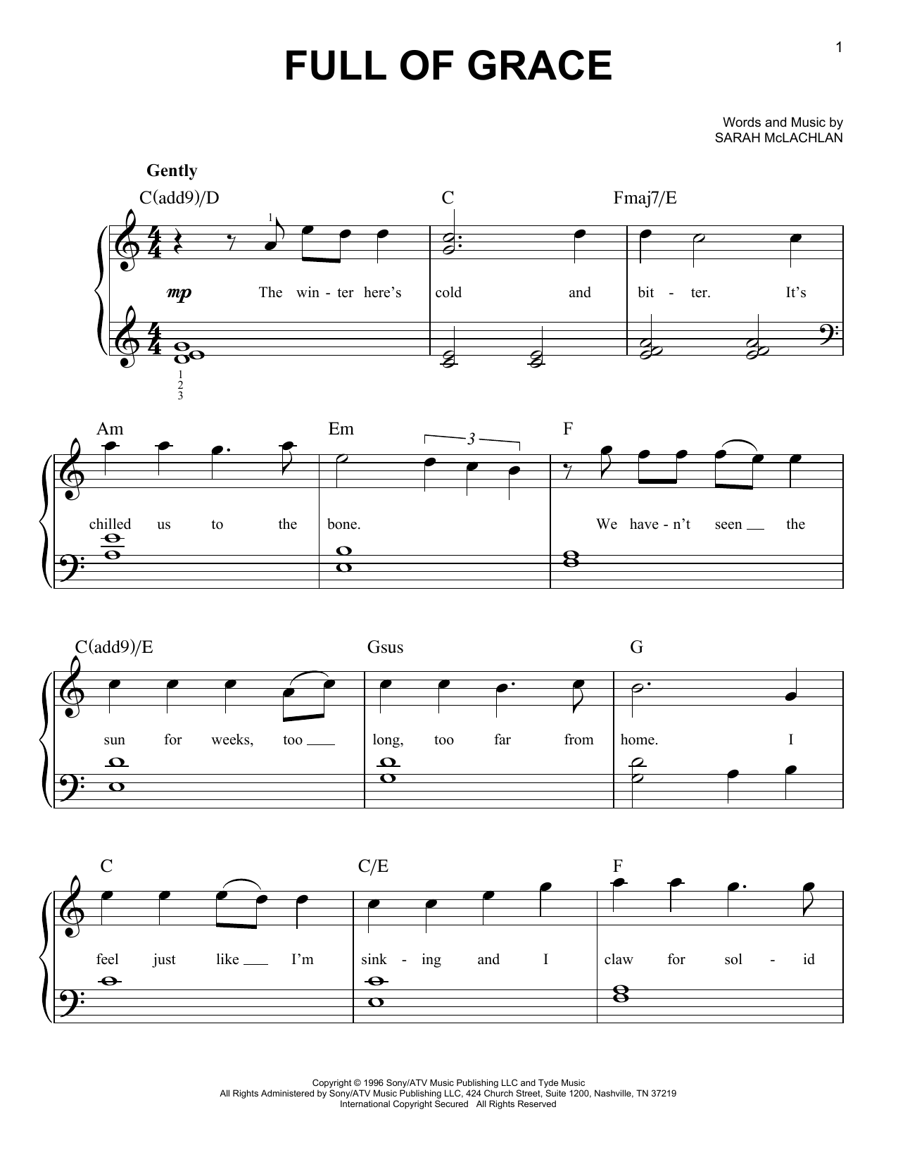 Sarah McLachlan Full Of Grace Sheet Music