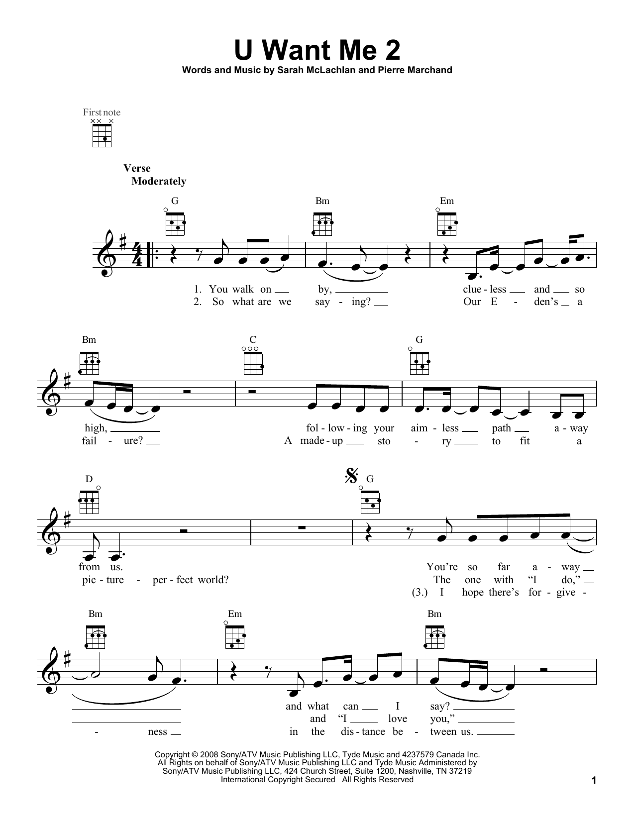 Sarah McLachlan U Want Me 2 Sheet Music