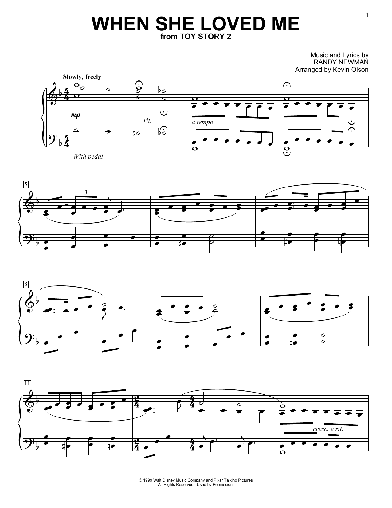 Sarah McLachlan When She Loved Me (from Toy Story 2) (arr. Kevin Olson) Sheet Music