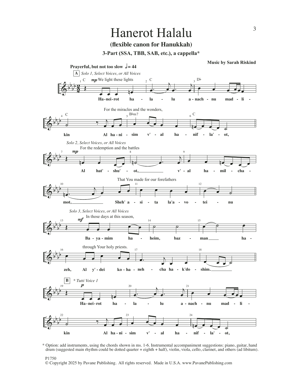 Sarah Riskind Hanerot Halalu Sheet Music