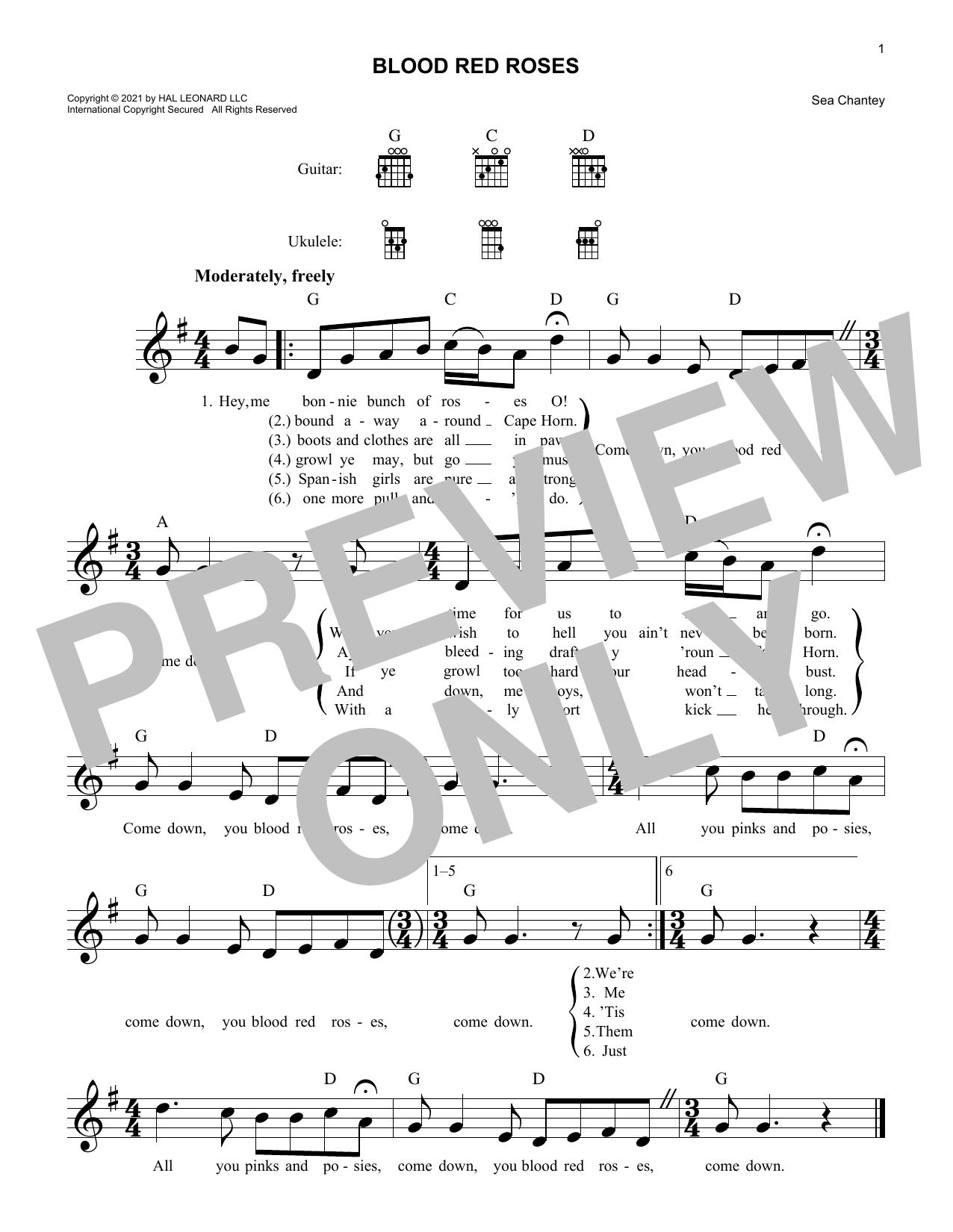 Sea Chantey Blood Red Roses Sheet Music