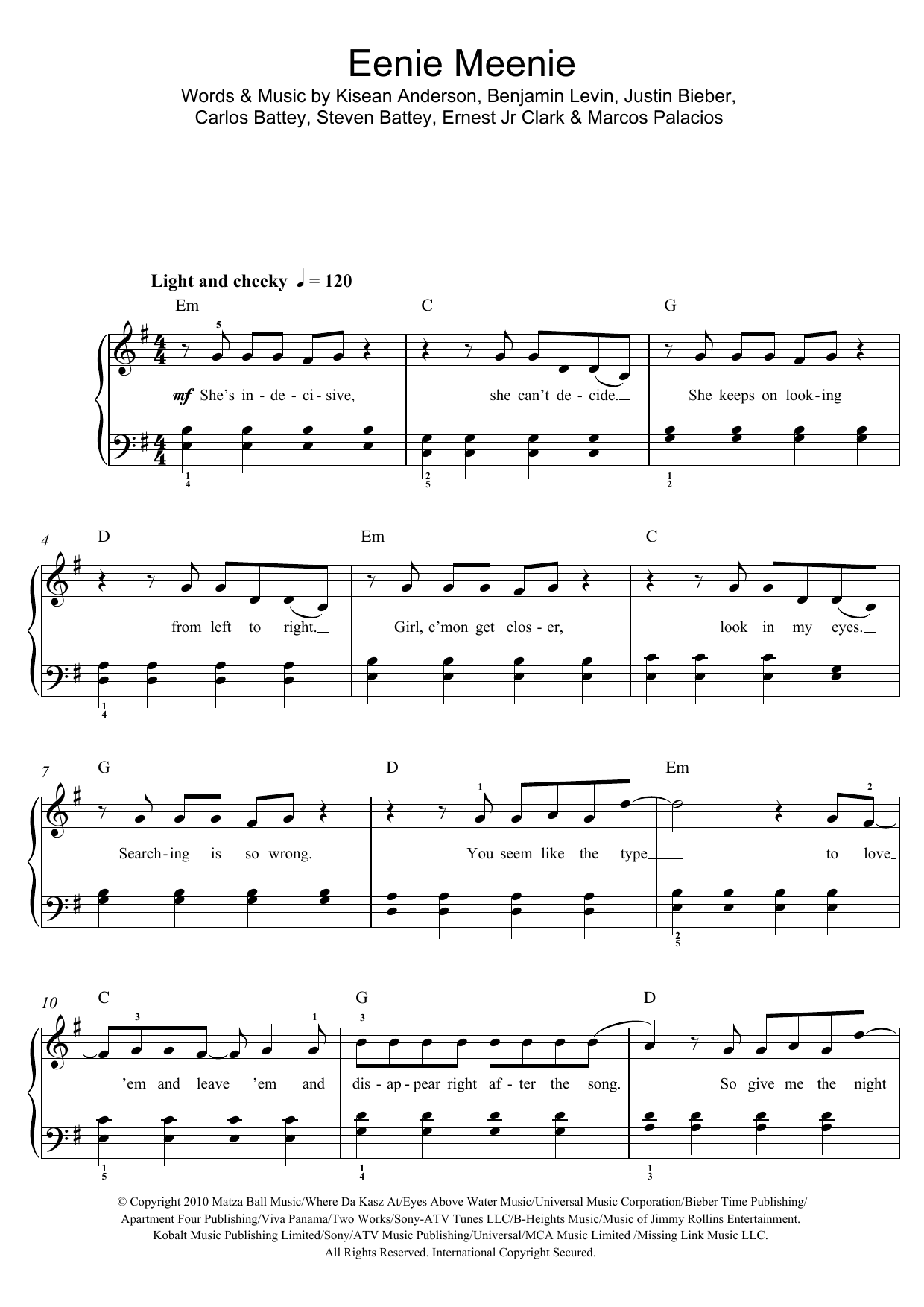 Sean Kingston Eenie Meenie Sheet Music