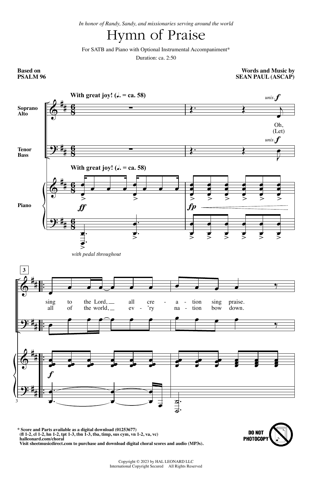 Sean Paul Hymn Of Praise Sheet Music