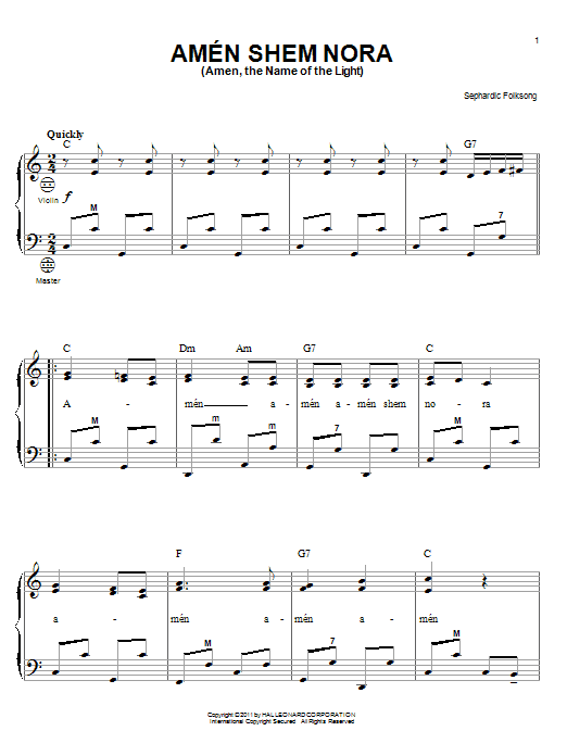 Sephardic Folksong Amen Shem Nora (Amen, The Name Of The Light) Sheet Music