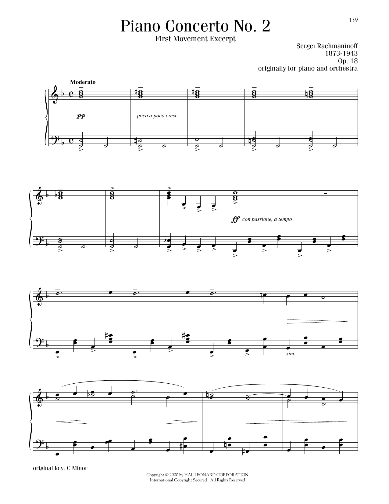 Sergei Rachmaninoff Piano Concerto No. 2, First Movement Excerpt Sheet Music
