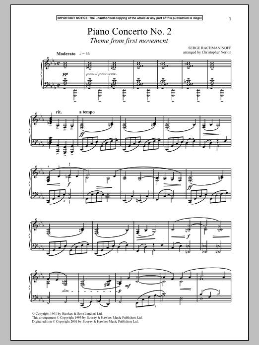 Sergei Rachmaninoff Piano Concerto No. 2, (First Movement Theme) Sheet Music